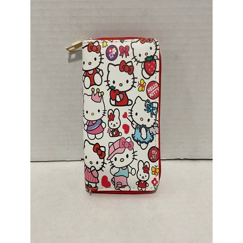 Sanrio Hello Kitty Zip Around Wallet All Over Print Red White Gold Tone